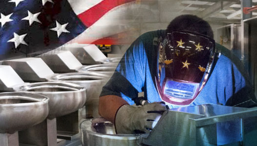Employee welding stainless steel with the United States flag overlayed on the image